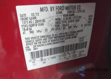 2012 Ford Edge Sel from USA, damaged, VIN 2FMDK3J99CBA87356